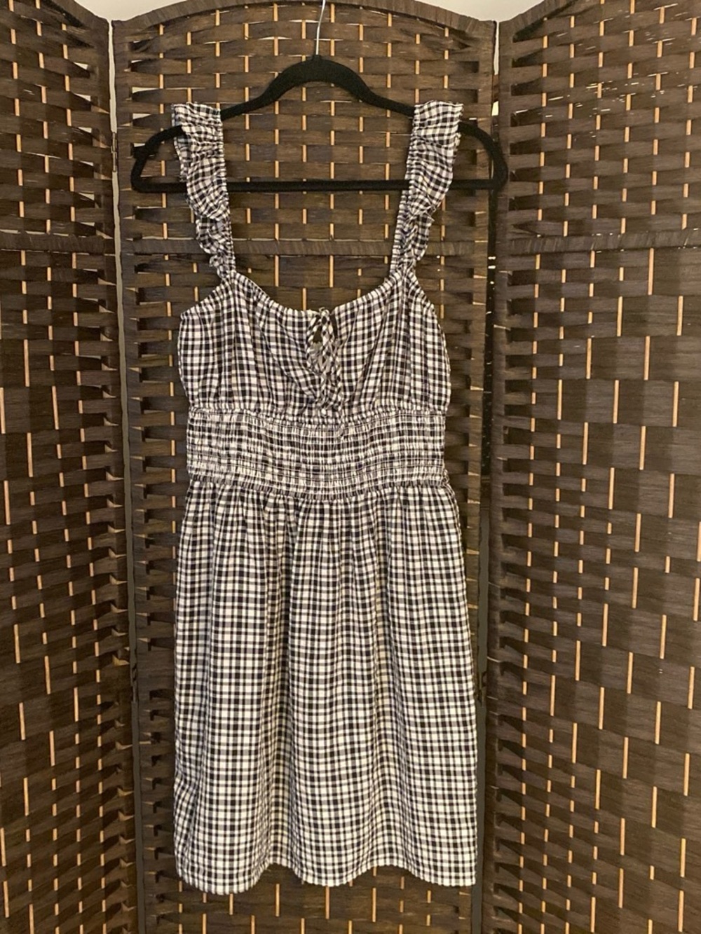 Wayf Black and White Gingham Smocked Dress Ruffled Straps Size Medium